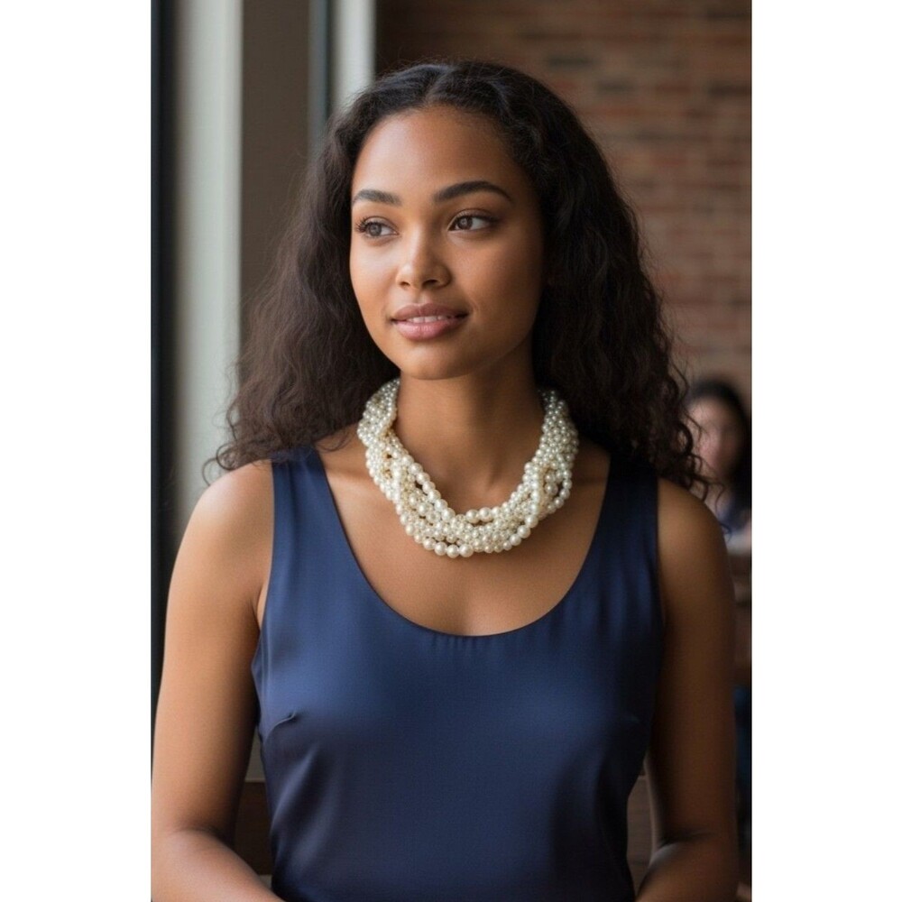New elegant silvertone floating faux Pearl Multi strand collar necklace 16"